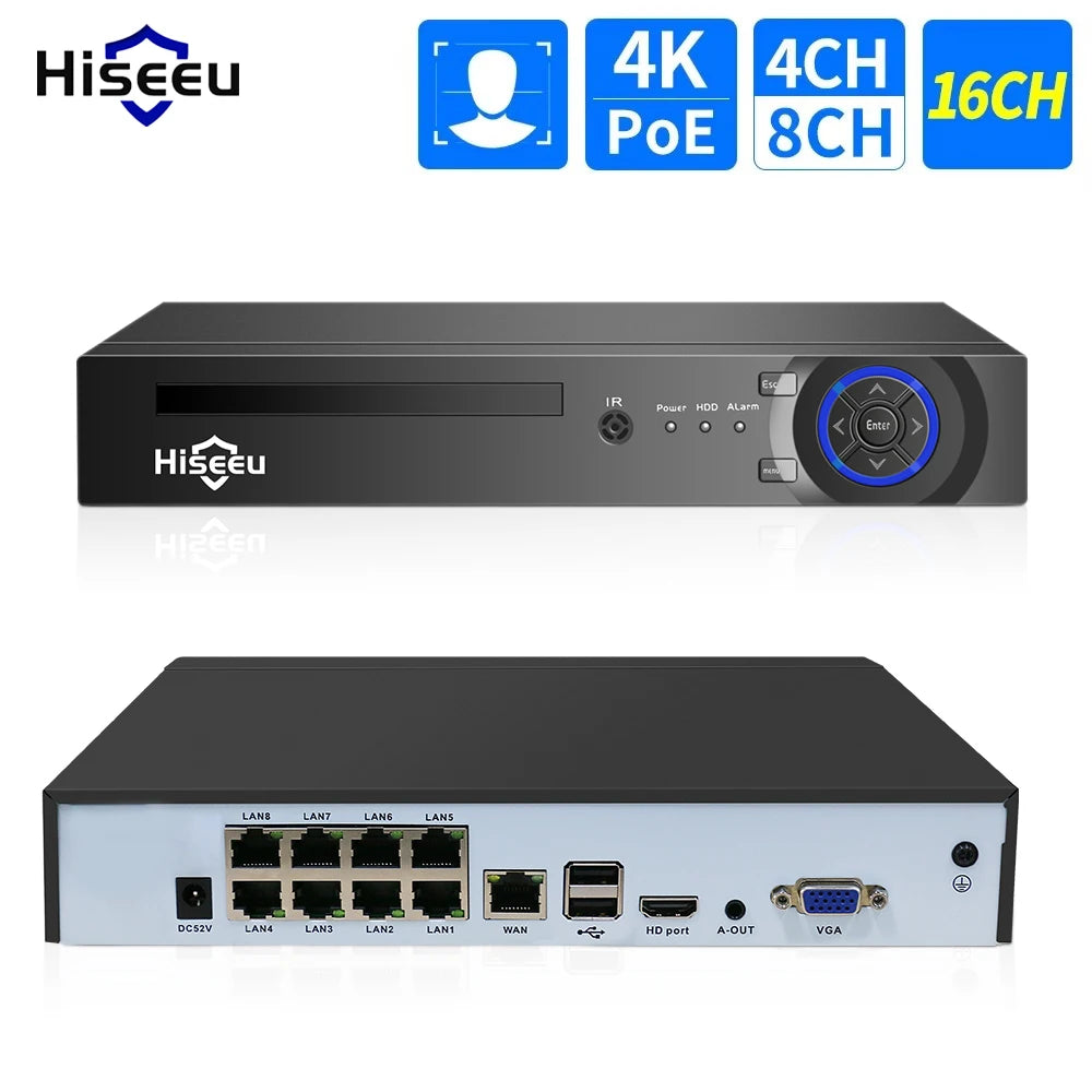 Hiseeu H.265+ 4CH 10CH 16CH POE NVR For IP Security Surveillance Camera CCTV System 5MP 8MP 4K Audio Video Recorder Face Detect