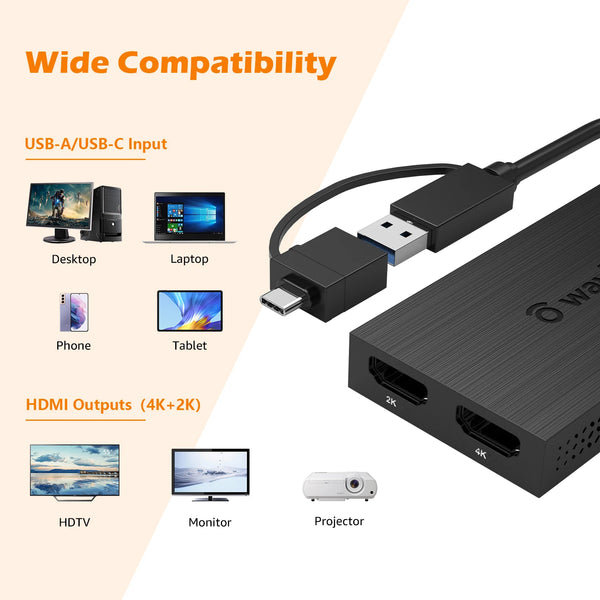 Wavlink USB 3.0 to Dual HDMI 4K Video Graphic Adapter HDTV/Projector/Monitor USB C Display Adapter For Windows 7/8/8.1/10 Mac OS