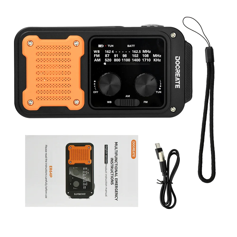 DC 5V 2A 7-in-1 87-108MHZ Multi-Function Emergency Radio: AM/FM/WB Full-Band Portable Radio with USB-C Interface
