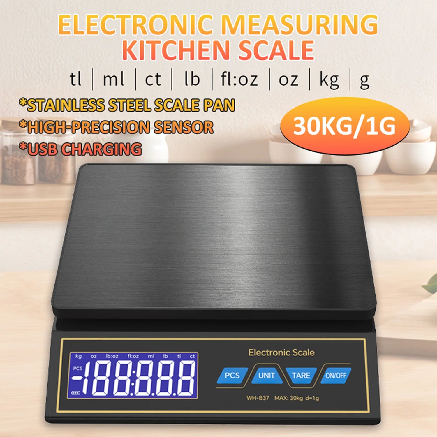 30kg/1g Digital Kitchen Scale Household Electronic Food Scale Rechargeable LCD Display Weighting Balance product image
