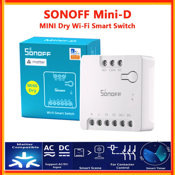 SONOFF MINI-D MINI Dry WiFi Smart Switch Dry Contact AC/DC Matter Switch For Garage Door Work with Alexa Google Home Homekit