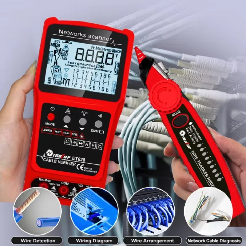 TOOLTOP 3 in 1 LAN Cable Tester Visual Fault Locator Multimeter 600M Length Measure Cable Mapping POE Rj45 Network Cable Tracker