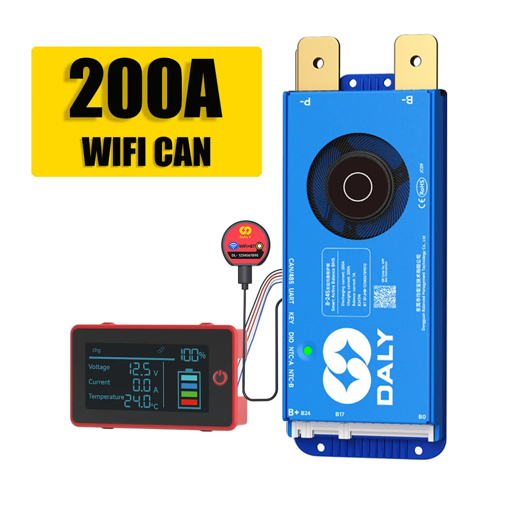Daly BMS WiFi Active BMS 250 amperios for Lifepo4 4S 8S 24S 100A 150A 200A 500A Active Balance 1A Built-in BT 7S 24V 12V 48V