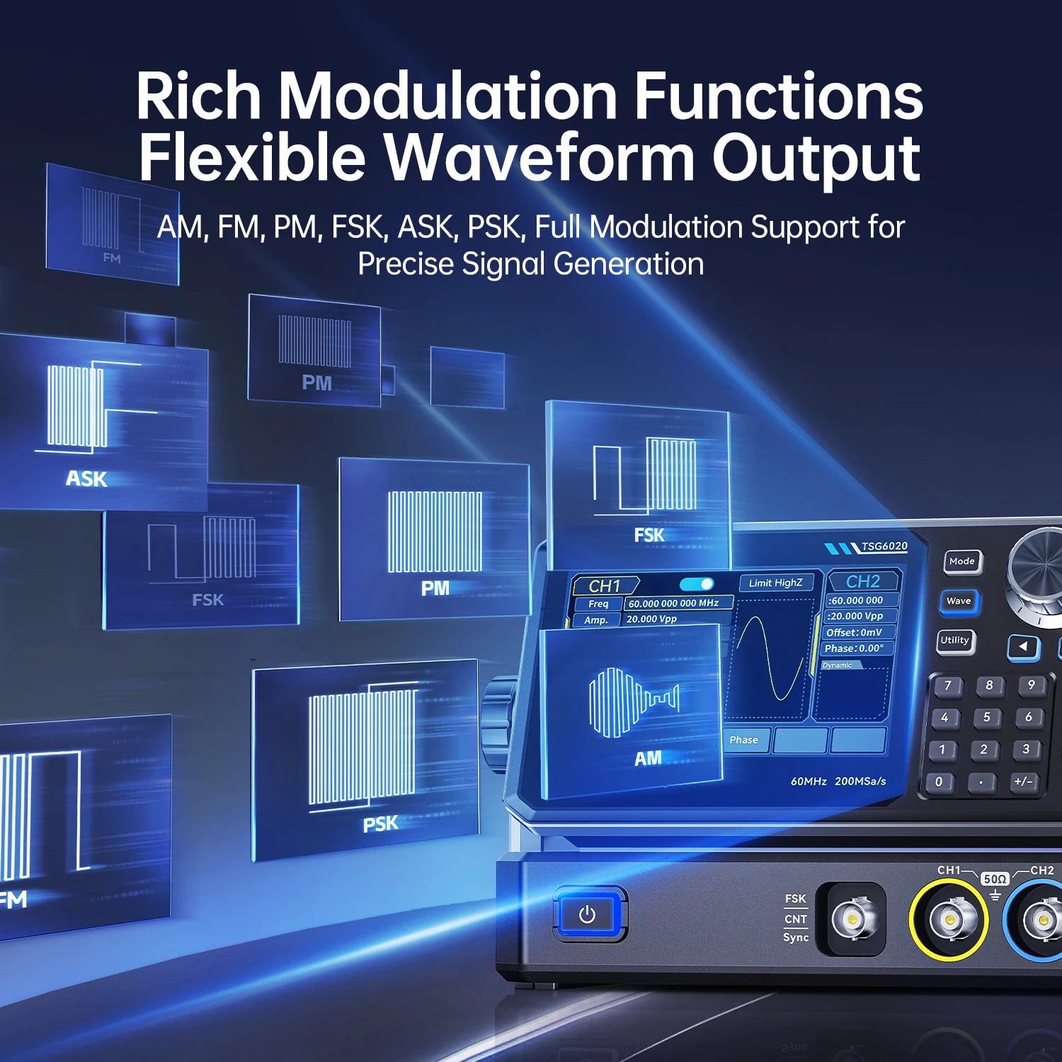 FNIRSI TSG6020 TSG3020 Function Signal Generator 2Ch 60MHz/30MHz 200MSa/s Touchscreen and Type-C Power for Electronics Repair