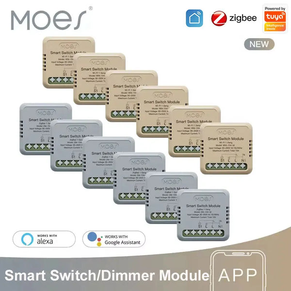 MOES Tuya Mini Modulo interruttore/dimmer intelligente WiFi/Zigbee Modulo fai da te Interruttore luce 1/2 vie Telecomando compatibile con Alexa e Google Home