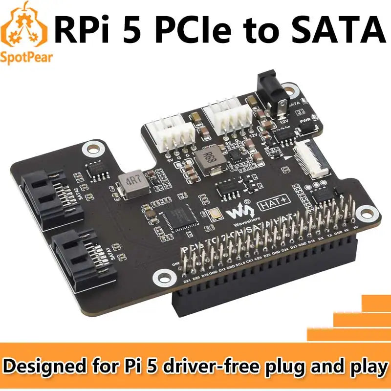 Raspberry Pi 5 PCIe to SATA Expansion Board with EEPROM HAT+ Waveshare PCIe TO 2-CH SATA HAT+