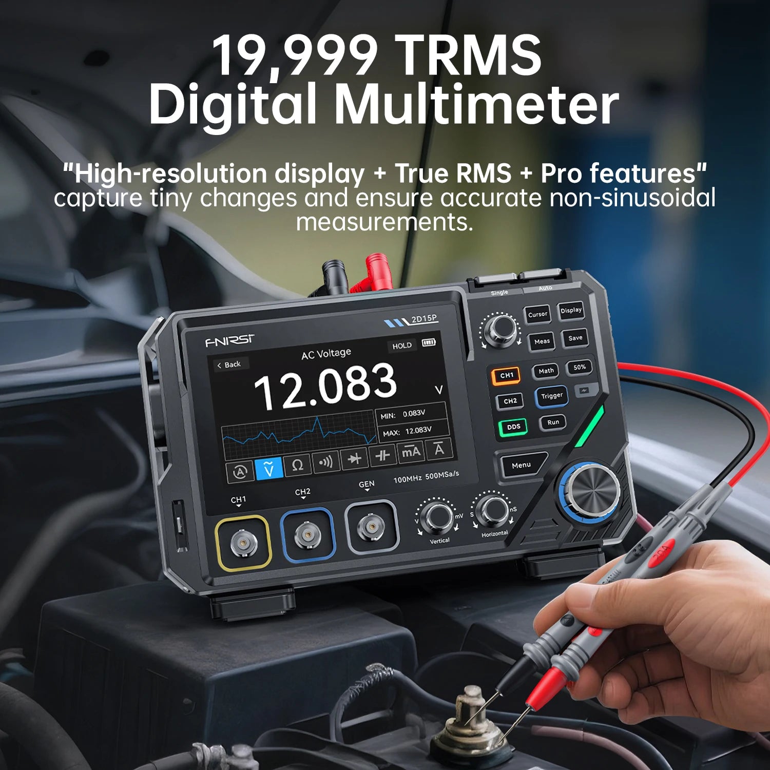 FNIRSI 2D15P Digital Oscilloscope Multimeter Signal Generator 3IN1 Touch Screen 2Channel 100MHz Bandwidth 500MSa/s 20000 Counts