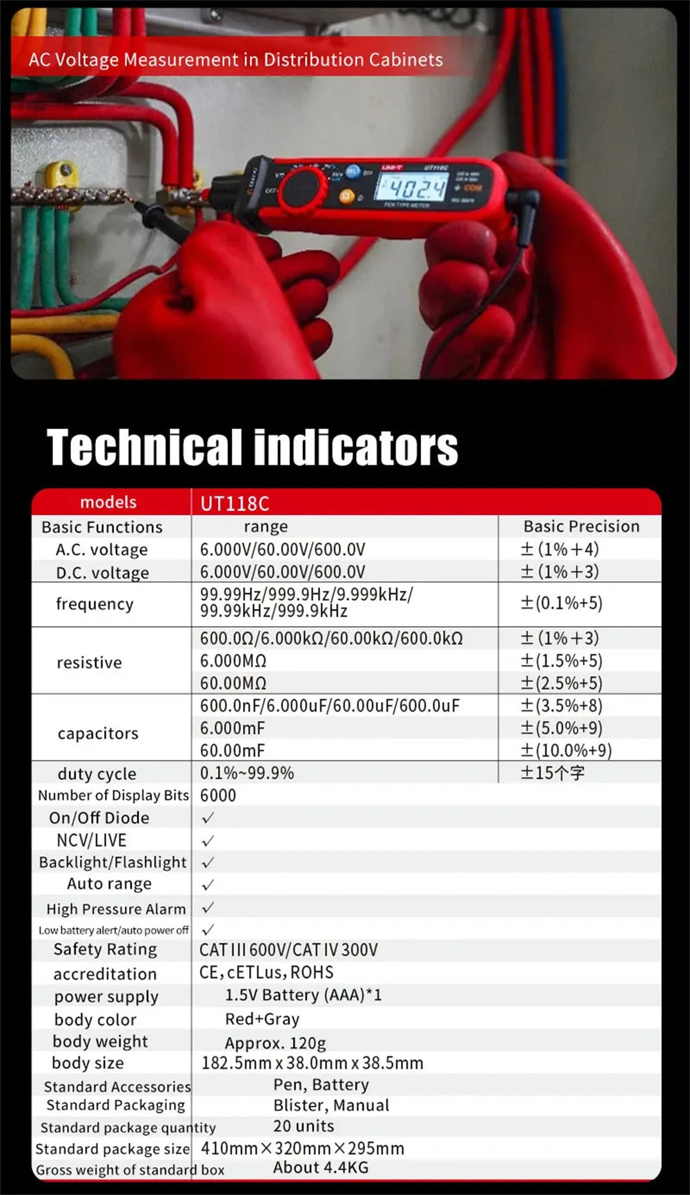 UNI-T UT118C digitális multiméter toll, 6000 típusú számlál érintésmentes AC/DC feszültségellenállás dióda folytonosság-ellenőrző eszközzel