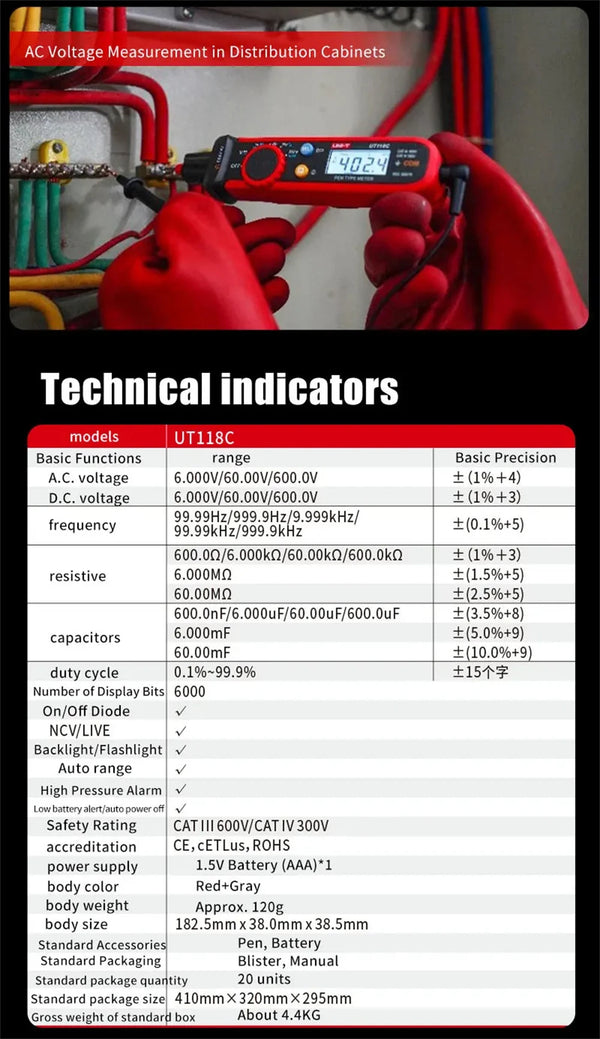 UNI-T UT118C digitális multiméter toll, 6000 típusú számlál érintésmentes AC/DC feszültségellenállás dióda folytonosság-ellenőrző eszközzel