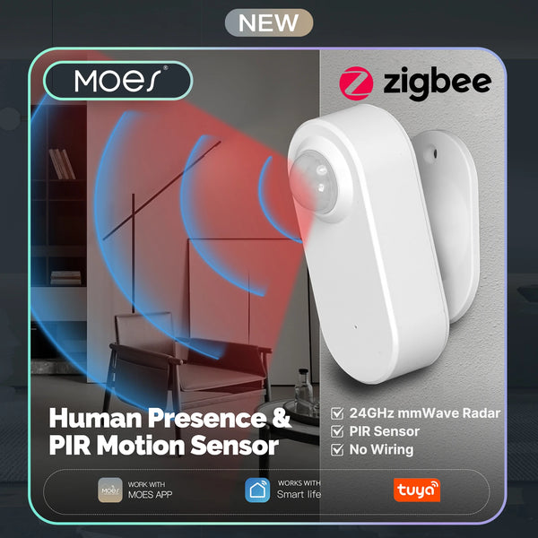 Sensore radar intelligente MOES Tuya ZigBee, rilevamento di presenza umana a onde millimetriche a 24 GHz, rilevamento di movimento/assenza di movimento, monitoraggio remoto tramite app.