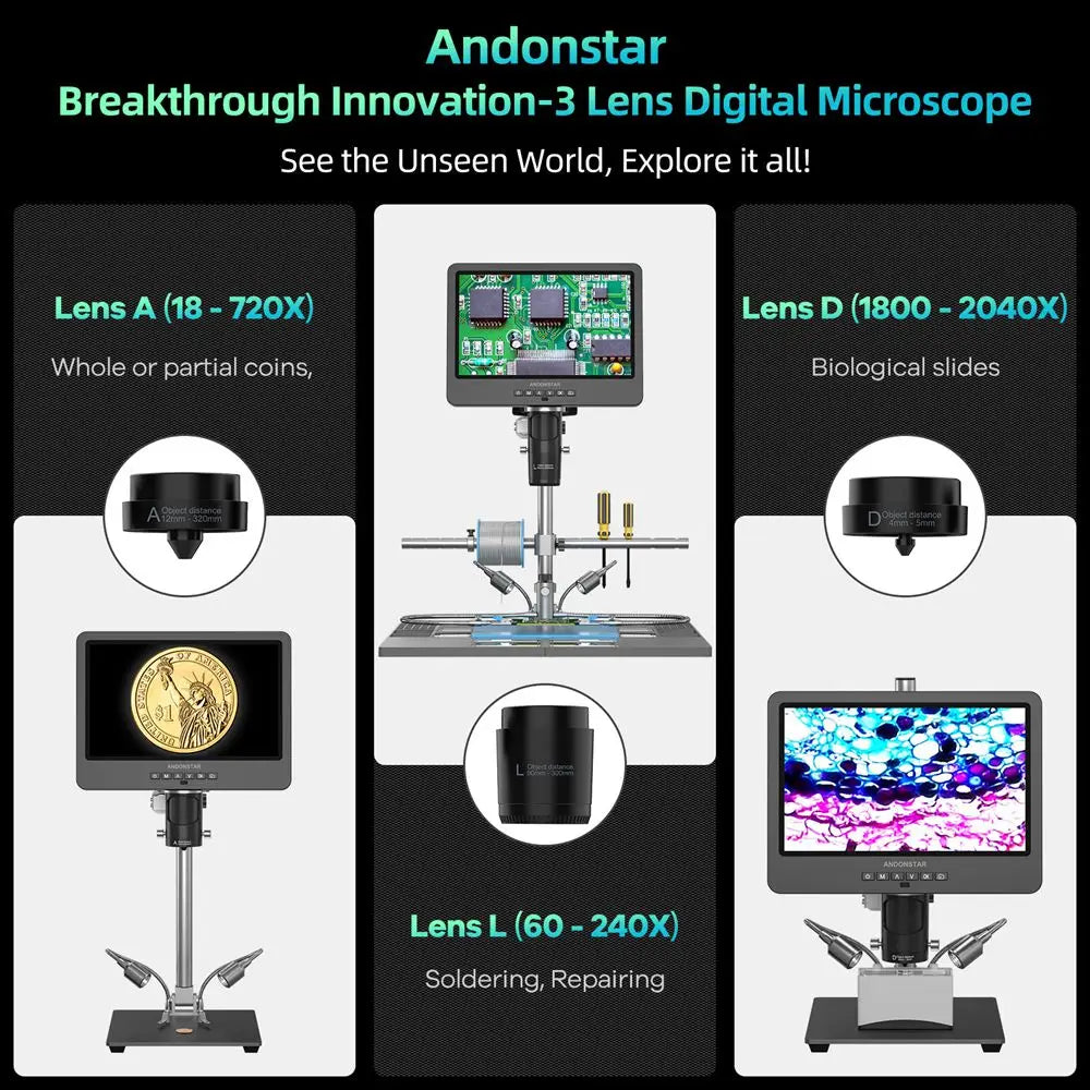 Andonstar AD249SM-Plus HDMI Digital Microscope 2000X  10.1'' IPS Screen for PCB/SMD Soldering Microscope Phone Watch Repairing
