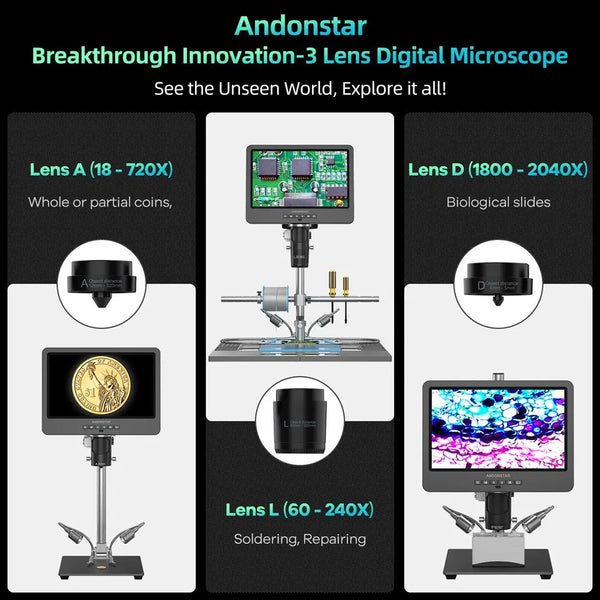 Andonstar AD249SM-Plus HDMI Digital Microscope 2000X  10.1'' IPS Screen for PCB/SMD Soldering Microscope Phone Watch Repairing