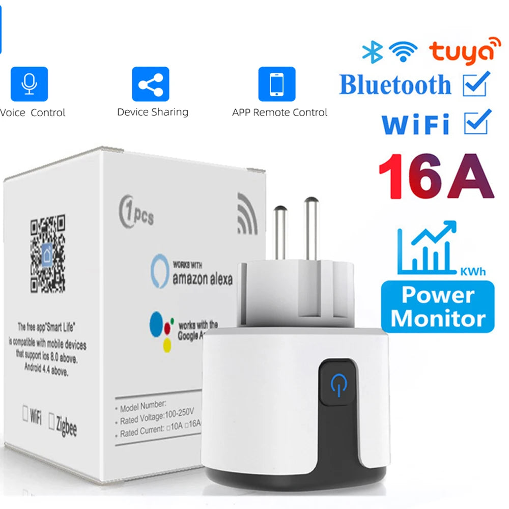 Tuya EU Smart Plug,16A/20A WIFI Smart Socket,With Power Monitoring,Remote Control,Support Alexa Google Home Yandex Voice Control