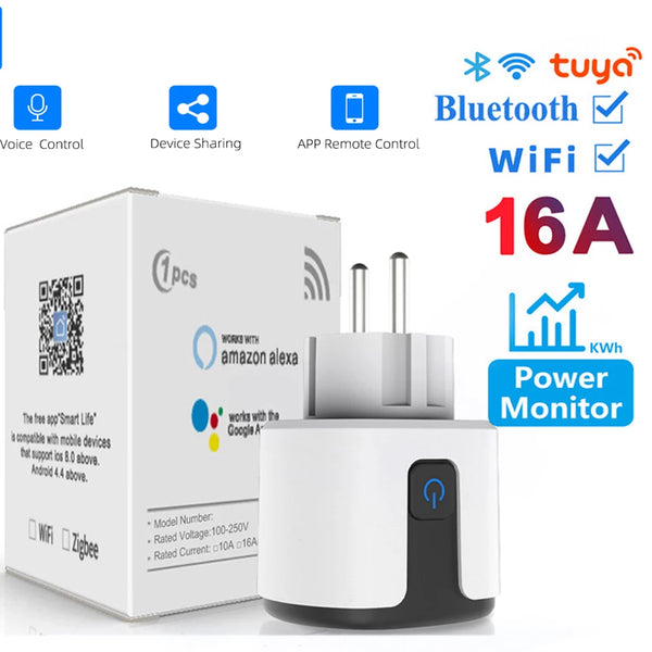 Tuya EU Smart Plug,16A/20A WIFI Smart Socket,With Power Monitoring,Remote Control,Support Alexa Google Home Yandex Voice Control