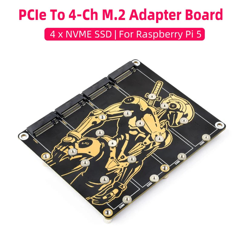 Raspberry Pi 5  PCIe To 4-Ch M.2 Adapter Board 4 x NVMe Solid State Drives support Supply Power for Raspberry Pi 5