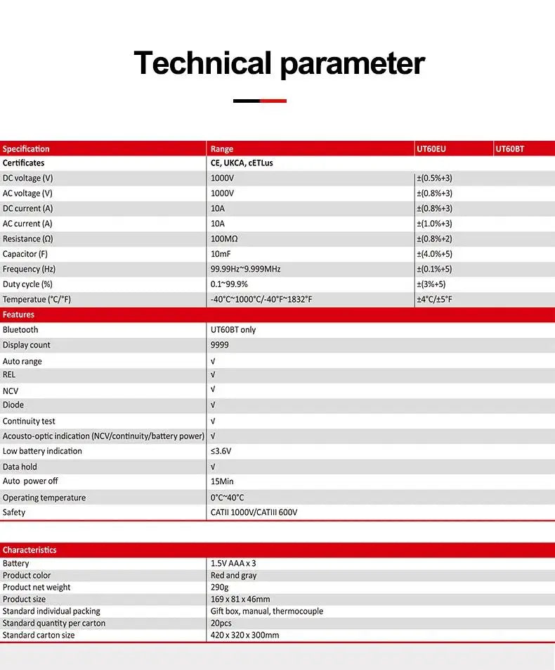 UNI-T UT60S UT60BT Digital Smart Multimeter 1000V AC DC Voltmeter Ammeter True RMS Frequency Meter Capacitor Temperature Tester