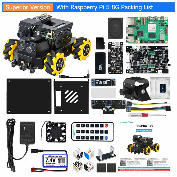 Yahboom 4WD Raspbot V2 AI Large Model Robot Kit for Raspberry Pi 5 Beginners Educational Project ROS2-Humble Python Programming