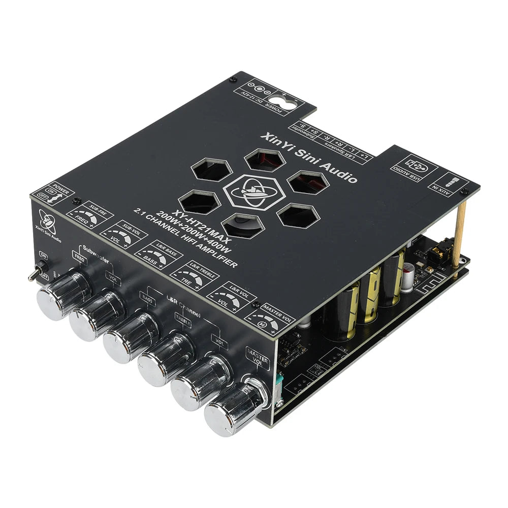 Módulo de audio Hi-Fi con control de graves/agudos, placa amplificadora Bluetooth de 2.1 canales XY-HT21MAX, alimentación de CC de 12-42 V, chip TPA3223, 200 W*2 + 400 W.