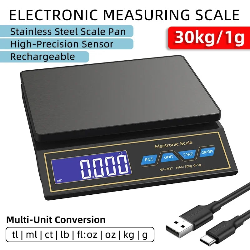 30kg/1g Digital Kitchen Scale Household Electronic Food Scale Rechargeable LCD Display detail image 2