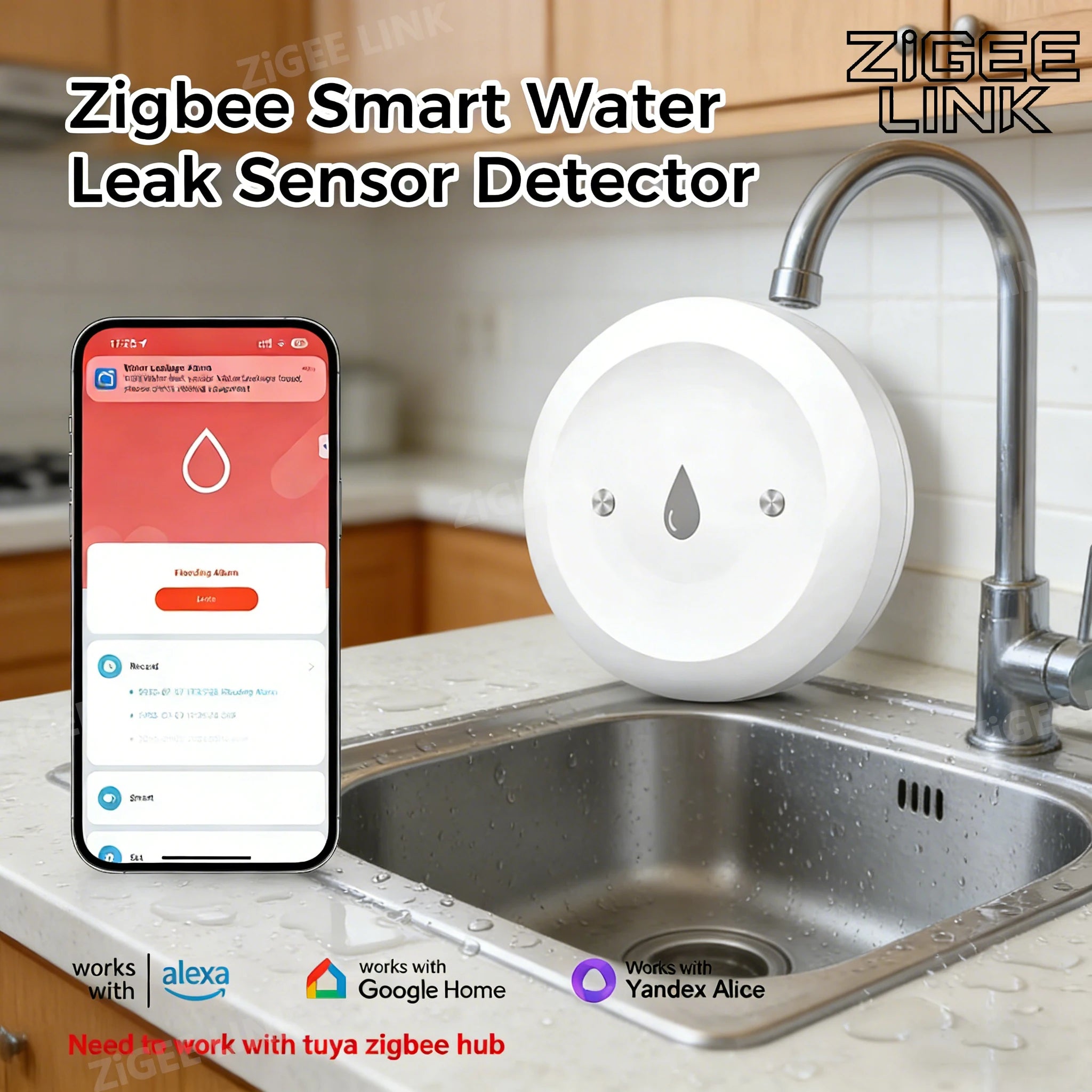 Sensore di rilevamento perdite d'acqua ZigBee3.0, allarme per allagamenti, controllo tramite app, compatibile con gateway Zigbee.