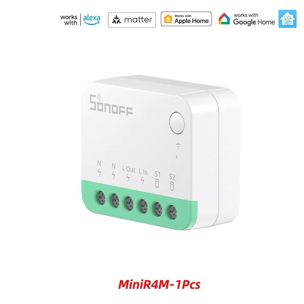 Interruttore luce smart Sonoff Mini R4 Matter WiFi, relè Sonoff Mini R4 Extreme Matter compatibile con Alexa, Google Home e HomeKit.