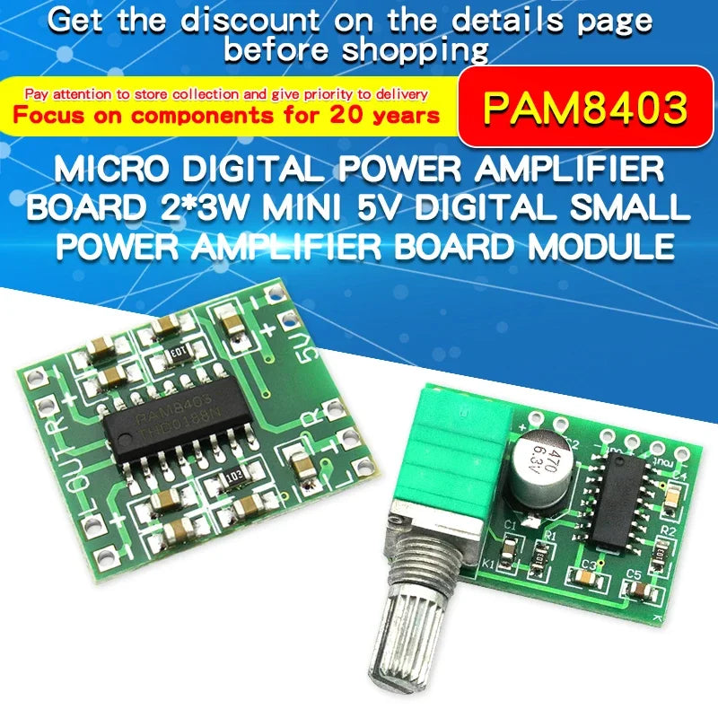 Mini PAM8403 DC 5V Digital Small Power Amplifier Board Modulediy 2.5～5V USB Power Supply 2 * 3W Volume Control with Potentialmet