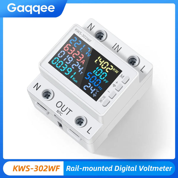 KWS-302WF Guide Rails Digital Voltmeter Ammeter Voltage Tester Meter 63A AC170-300V Over-temperature Protection Power-off Module