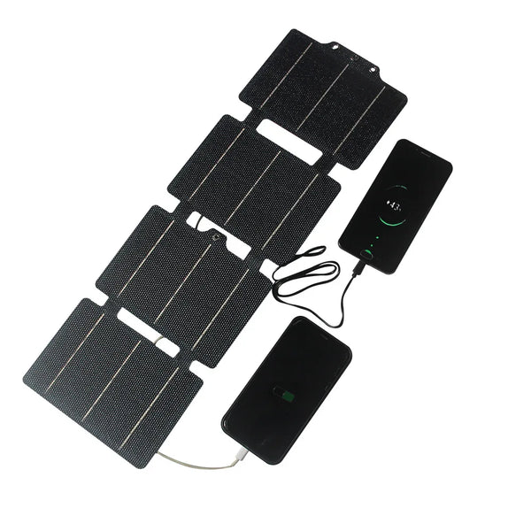Caricabatterie solare ultraleggero da 14 W con pannello flessibile in ETFE, doppia porta USB e Type-C, formato da viaggio.