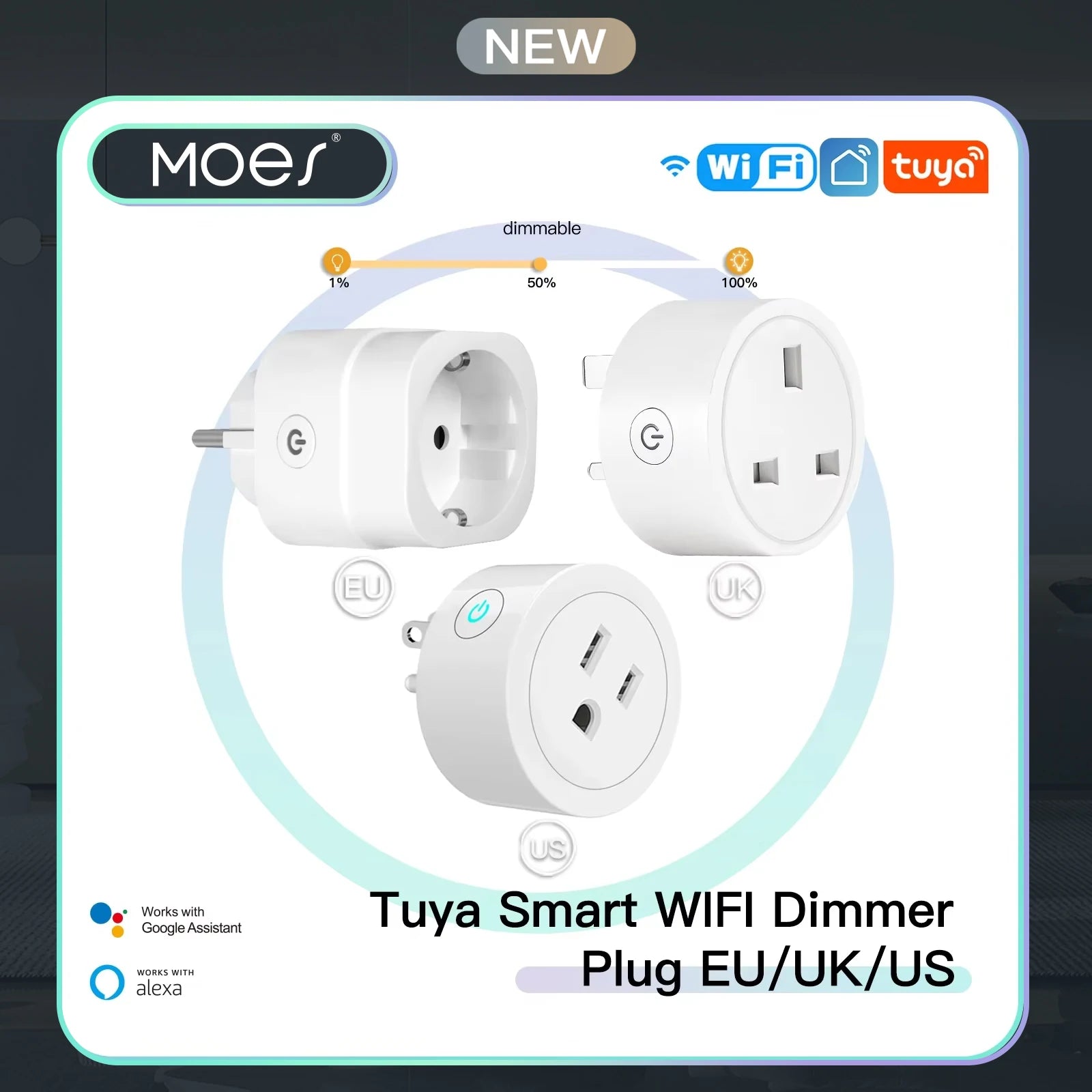 MOES Smart Plug WiFi, Brightness & Timer Control, Works with Tuya App, Alexa Google Voice Control, EU/UK/US Plug