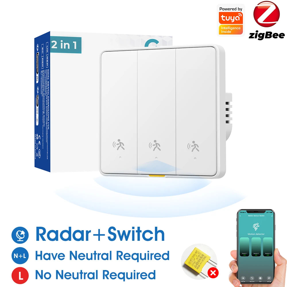 Tuya ZigBee 3.0 Smart Light Switch with 6M Radar Human Motion Detection Alarm Sensor No/Need Neutral Wire  Switch