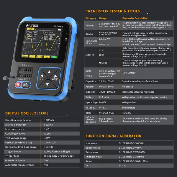 FNIRSI DSO-TC3  Digital Oscilloscope Mini Transistor Tester Tool 500KHz 10MS/s Signal Generator Source 3in1 Electronic Tester