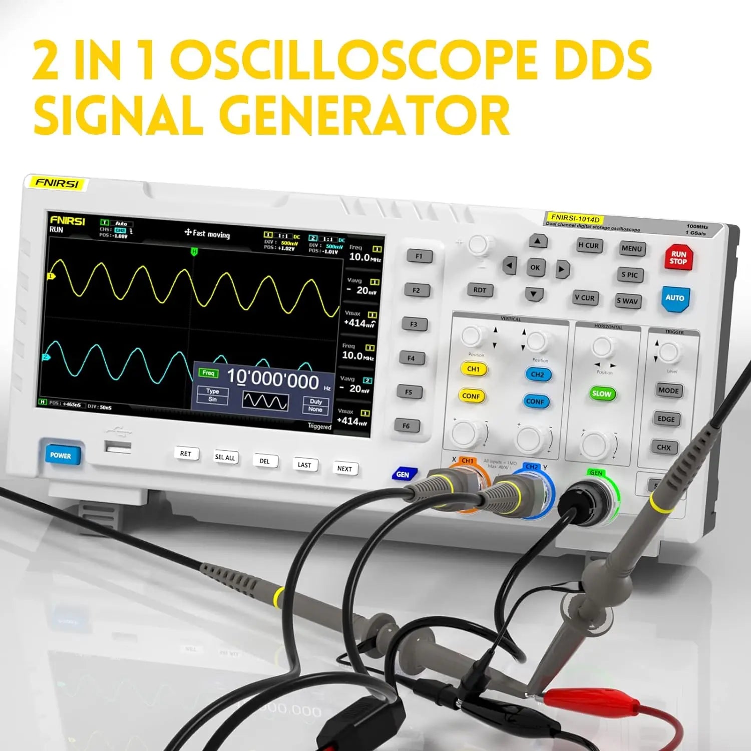 FNIRSI 1014D Oscilloscope 2 in 1 Digital Oscilloscope DDS Signal Generator Tool 100MHz*2 Analog Bandwidth 1GSa/s Sampling Rate