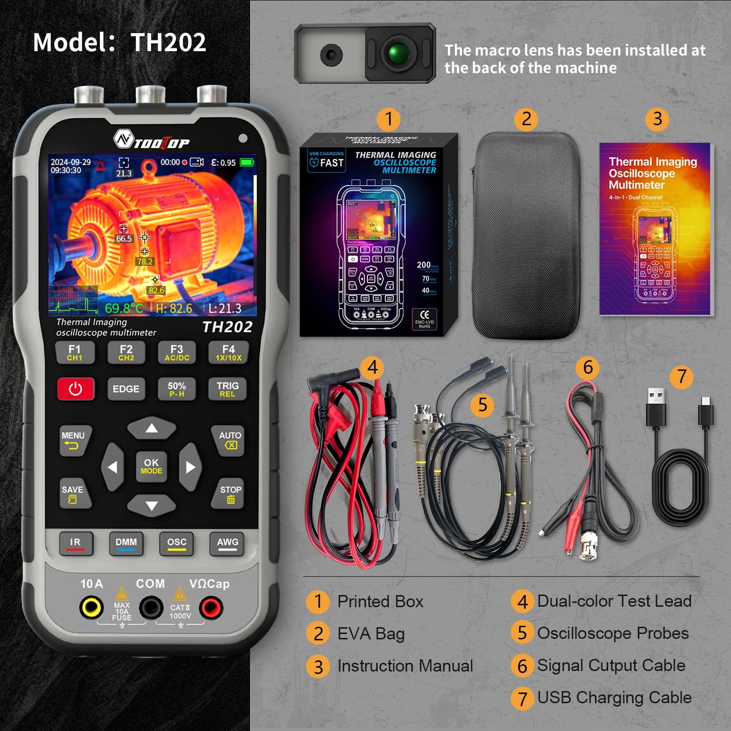 TOOLTOP TH202 4in1 256x192 Thermal Camera 2 Channels 80MHz Oscilloscope Multimeter PCB Thermal Imager Electrical Circuit Repair