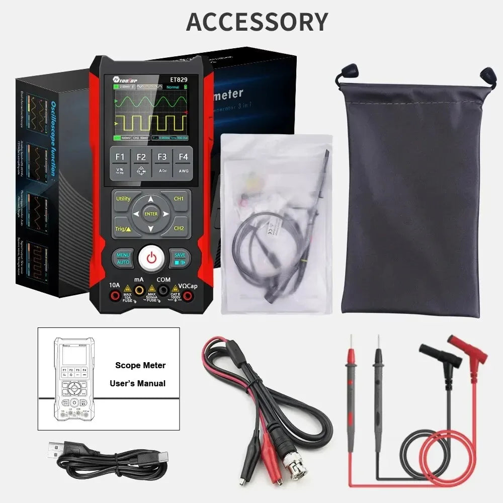 TOOLTOP ET829 2 Channel 250MSa/s 80MHz Digital Storage Osclloscope Multimeter Signal Generator 3 in 1 Multifunction Oscilloscope