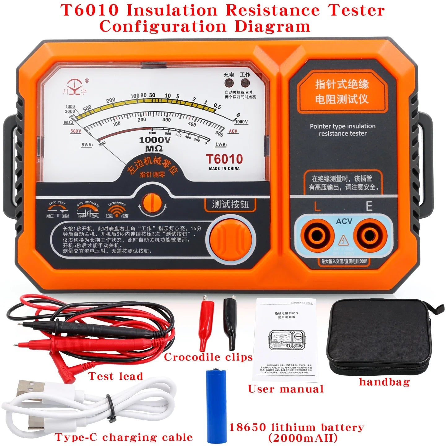 T6005 T6010 USB Rechargeable 500V Analog Insulation Resistance Tester Megohmmeter, Portable detail image 6