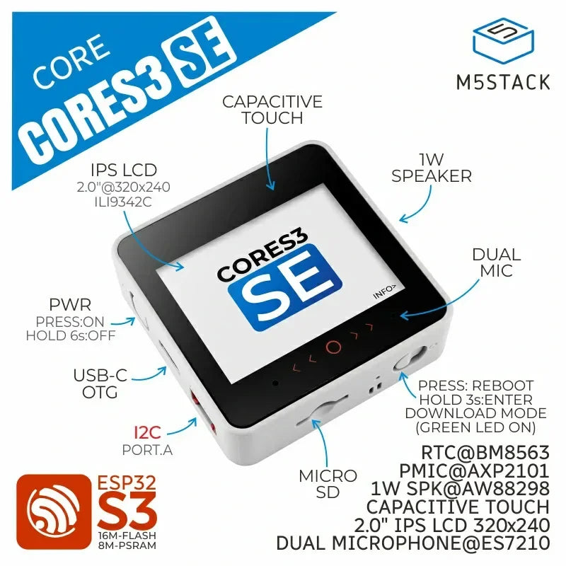 M5Stack CoreS3 SE IoT Controller ESP32 Series S3 Development Kit WiFi 2.0 Inch Screen To DIY Project Development Smart Home