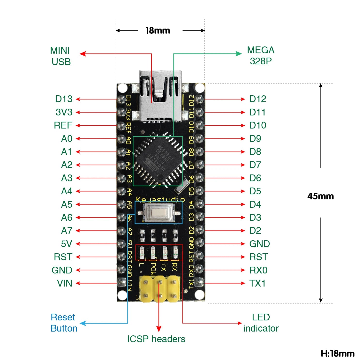 Keyestudio16MHz ATMEGA328P CH340 NANO Development Board With Bootloader+USBCable Compatible with Arduino NANO DIY Electronic Kit