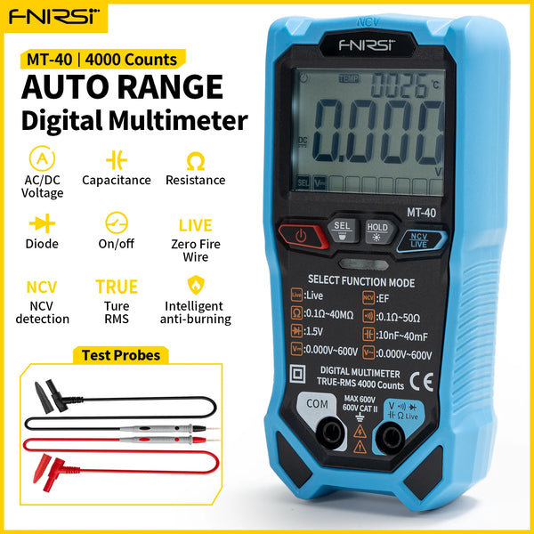 FNIRSI MT-40 Smart Digital Voltage and Current Meter 4000 Counts True RMS AC DC 600V Capacitance NCV Live Wire Test Auto Range