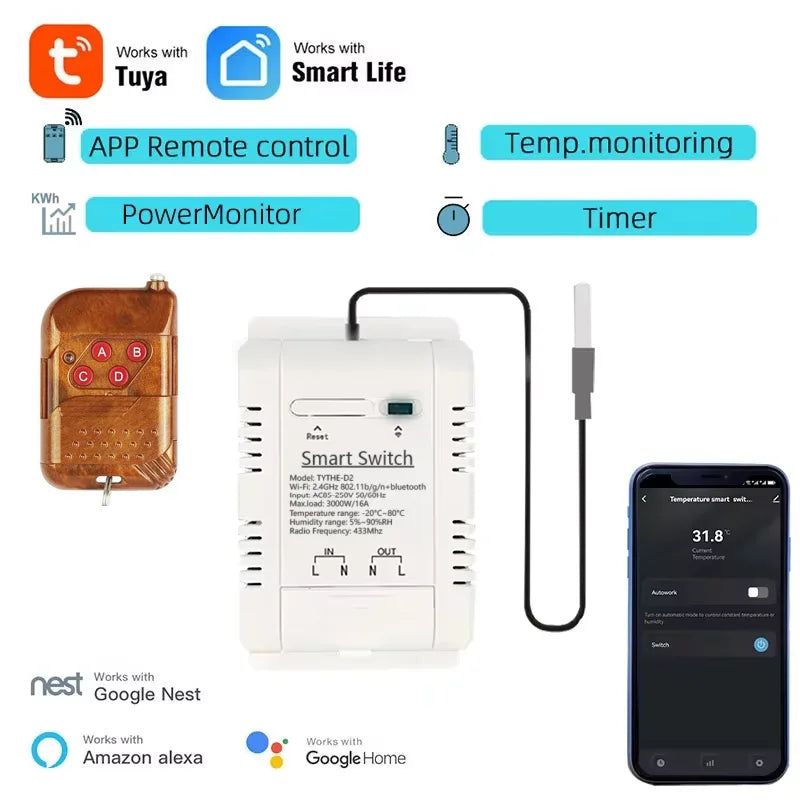 Tuya Wifi 16A/20A Smart Temperature Humidity Switch Power Monitor RF Remote with Thermostat Probe Sensor for Fish Tank Wareh