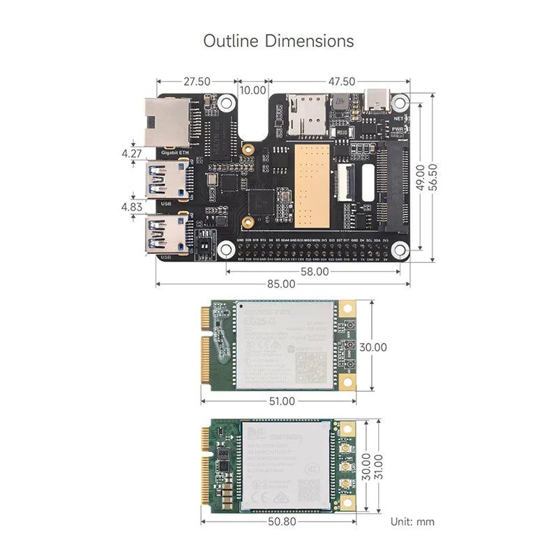 PCIe to MiniPCIe / Gigabit Ethernet / USB 3.2 Gen1 HAT for Raspberry Pi 5 Extend 2-Ch USB 3.2 Gen1 1x Gigabit Ethernet Ports