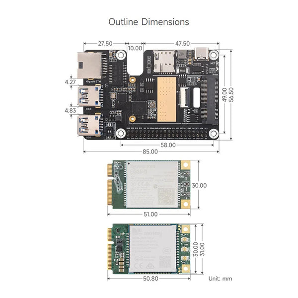 PCIe to MiniPCIe / Gigabit Ethernet / USB 3.2 Gen1 HAT for Raspberry Pi 5 Extend 2-Ch USB 3.2 Gen1 1x Gigabit Ethernet Ports