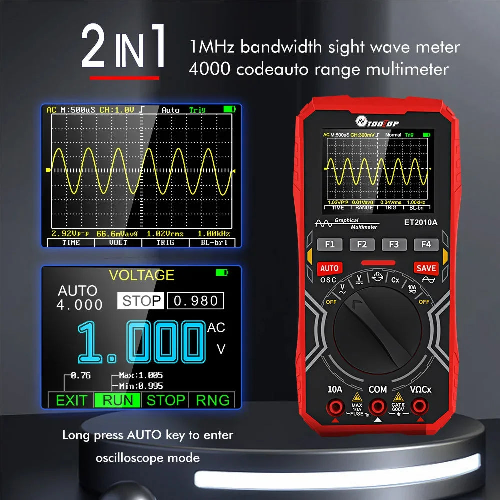 TOOLTOP ET2010A 1MHz Portable Digital Oscilloscope 2.5Msps Auto True RMS Multimeter AC 10A 600V High Voltage Tester