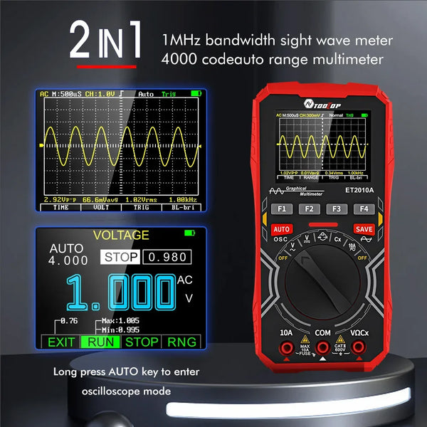 TOOLTOP ET2010A 1MHz Portable Digital Oscilloscope 2.5Msps Auto True RMS Multimeter AC 10A 600V High Voltage Tester