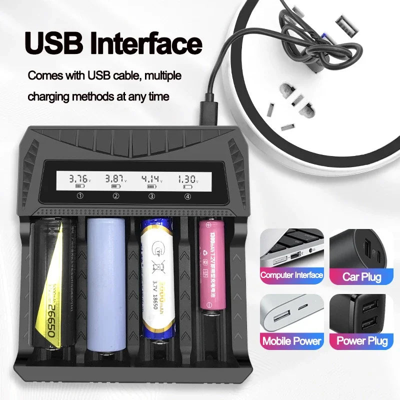 Intelligent LCD Battery USB Charger - 1/2/4 Slots for 18650 4.2V Li-ion & 1.2V Ni-MH AA/AAA Rechargeable Batteries
