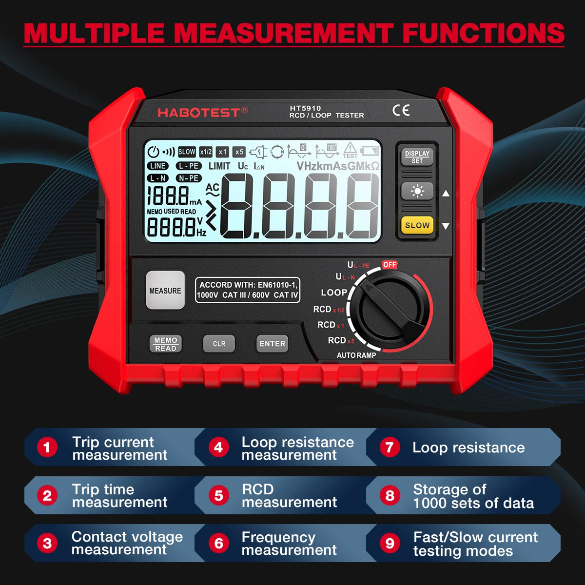 Habotest ht5910 testador de interruptor de vazamento lcd medidor de resistência digital rcd/loop tester 1000 armazenamento de dados voltímetro megôhmetro