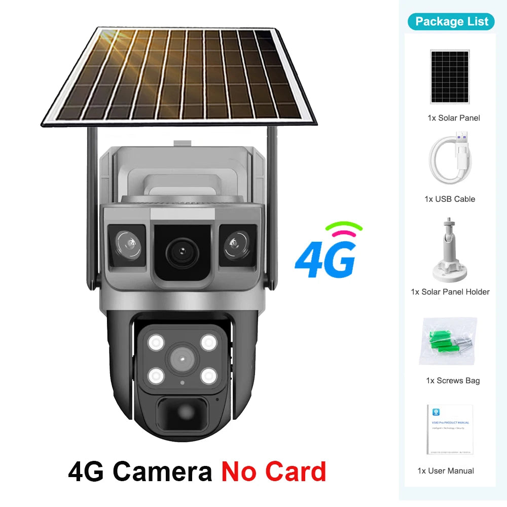 V380 Pro Solar Camera 4G Sim Outdoor Dual Lens Three Screens Webcam PIR Human Detect CCTV Security Video Battery PTZ IP Camara