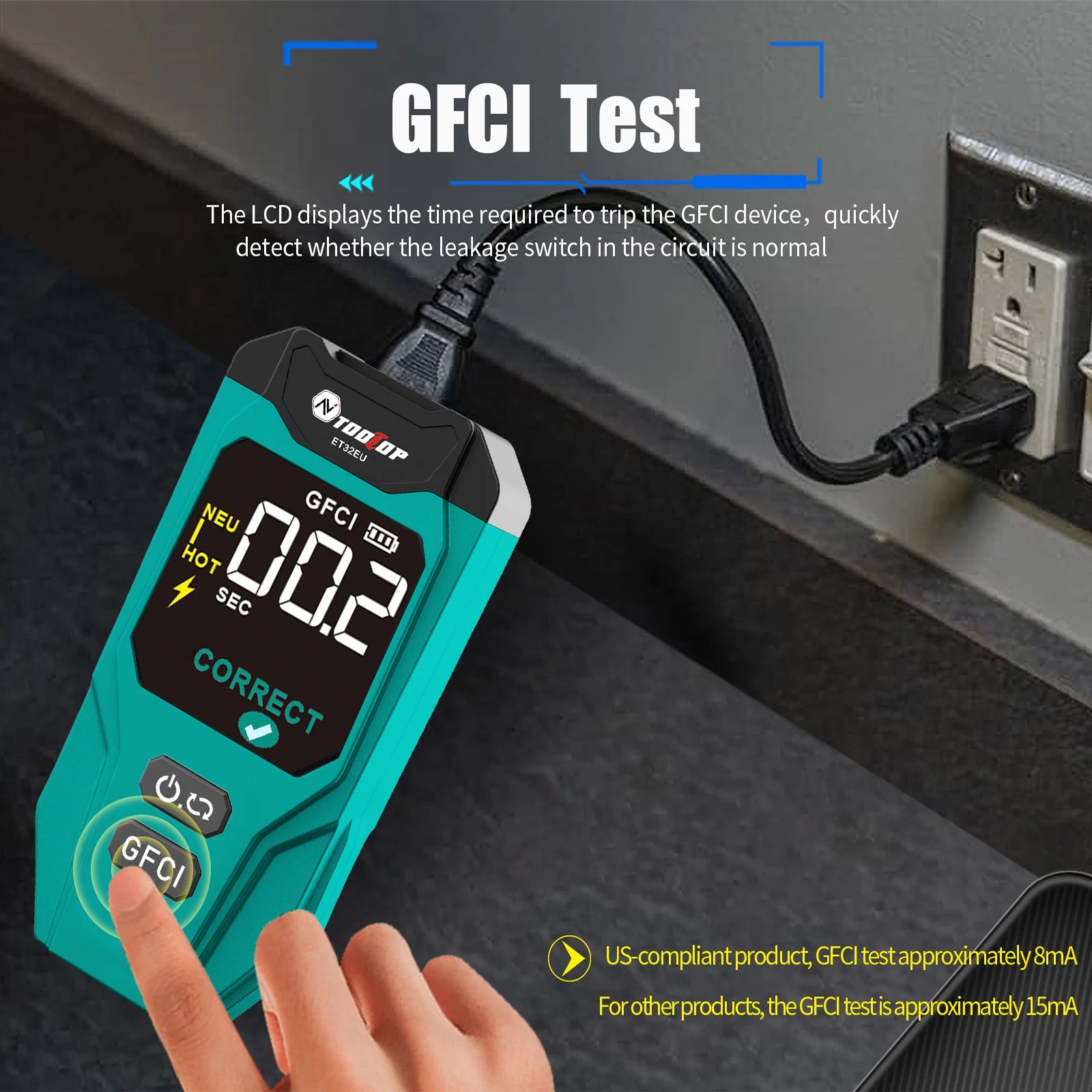 TOOLTOP ET32 Digital Circuit Breaker Finder & Socket Tester with GFCI Trip Time Display EU UK US Plug Leakage Current Detector