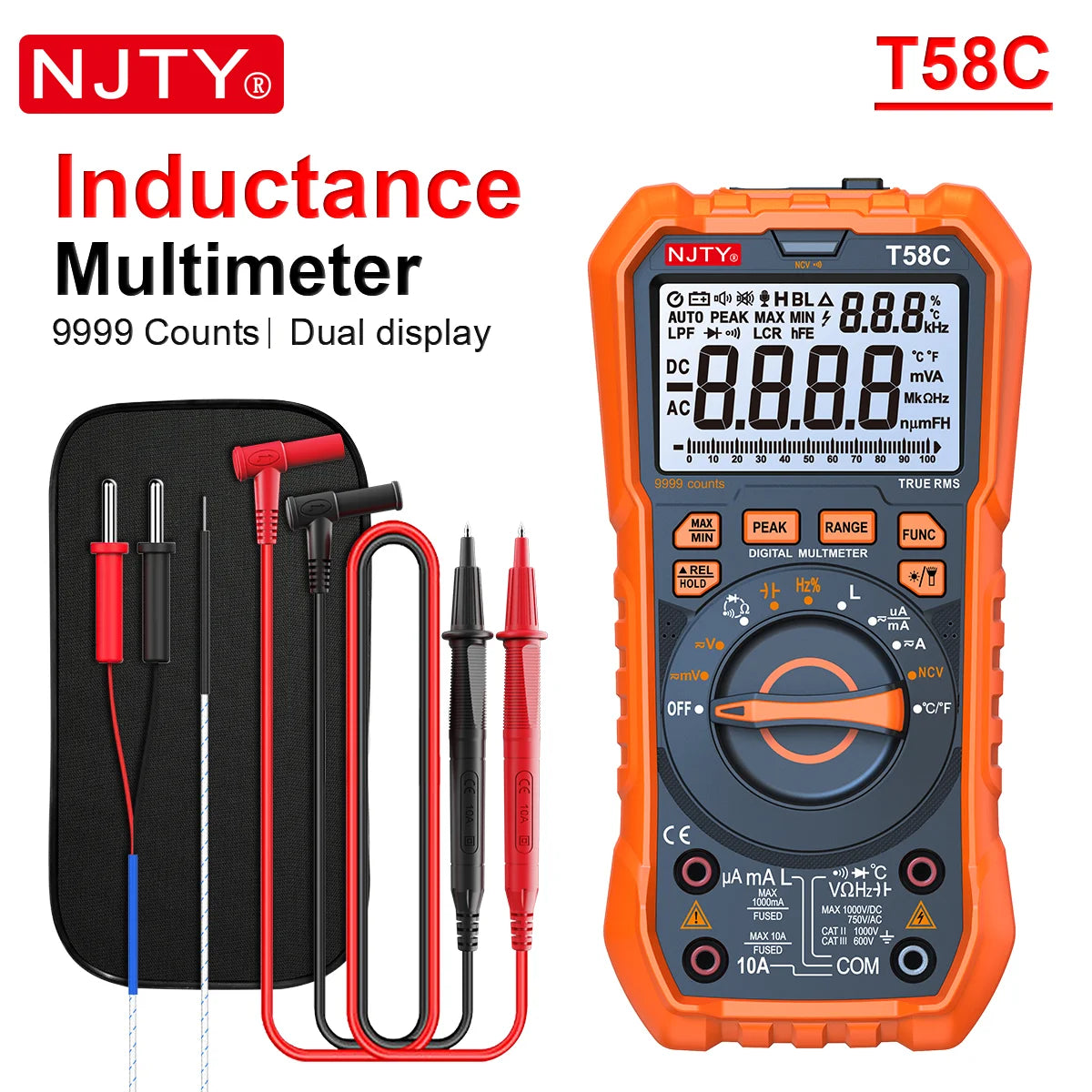 NJTY T58B T58C Inductance Digital Multimeter AUTO Range 9999 Counts  Voltage Current Capacitance LED Smart Backlit Large Screen
