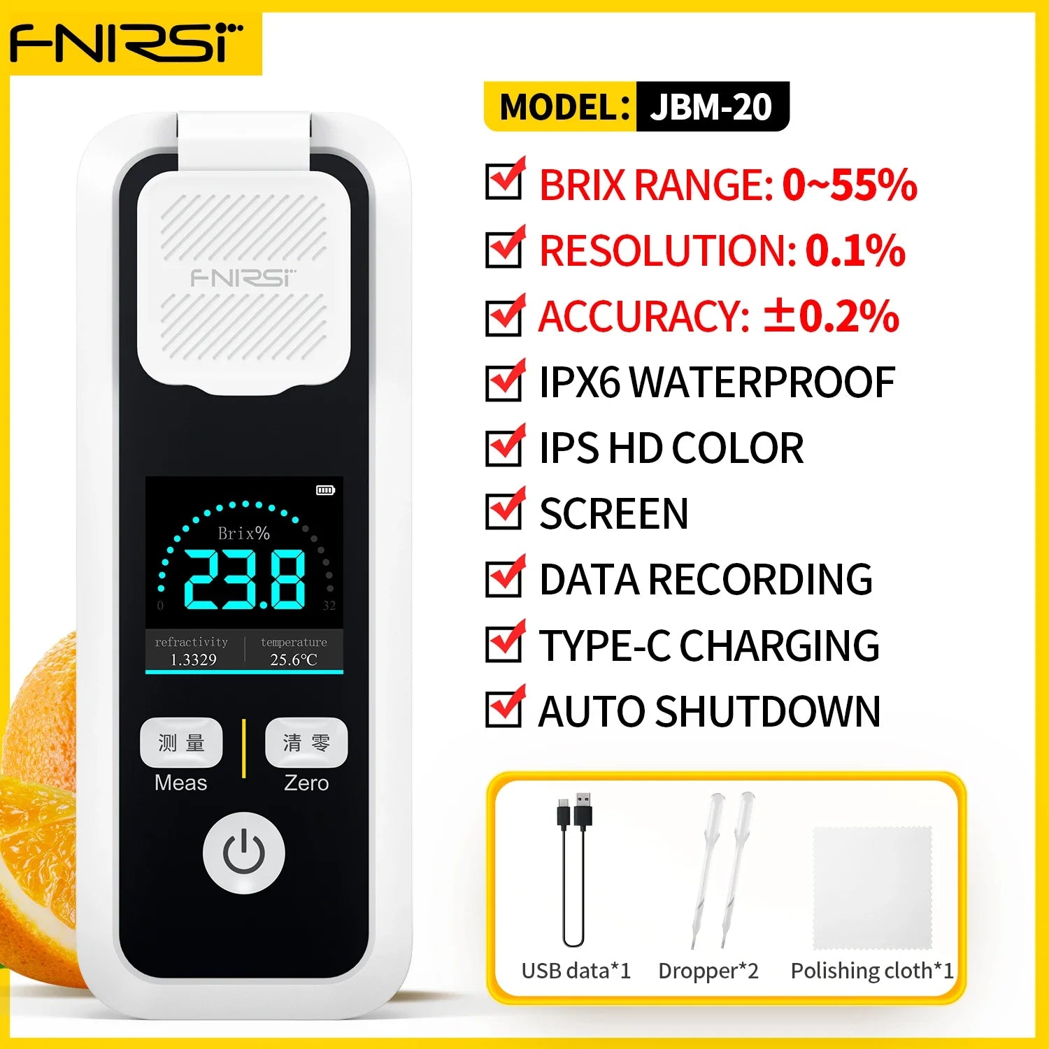 FNIRSI JBM-10 JBM-20 Rechargeable Sugar Content Meter Measure Tester Digital Brix Refractometer Fruit Juice Beverage Wine Beer