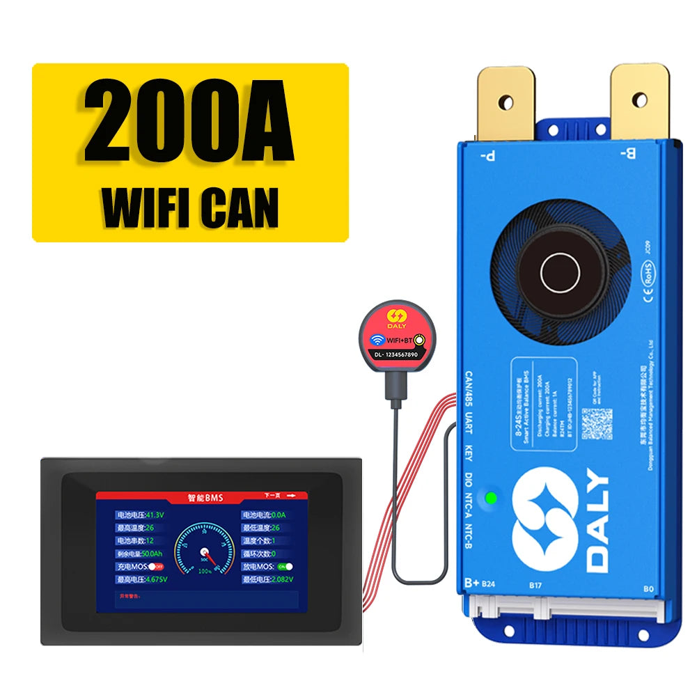Daly BMS WiFi Active BMS 250 amperios for Lifepo4 4S 8S 24S 100A 150A 200A 500A Active Balance 1A Built-in BT 7S 24V 12V 48V
